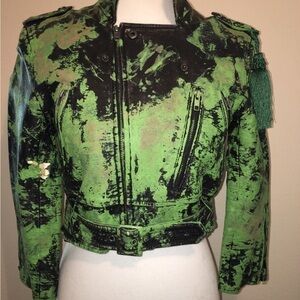 Cropped Leather Jacket Abstract Painted GREEN GAZE Hand Painted w Tassel